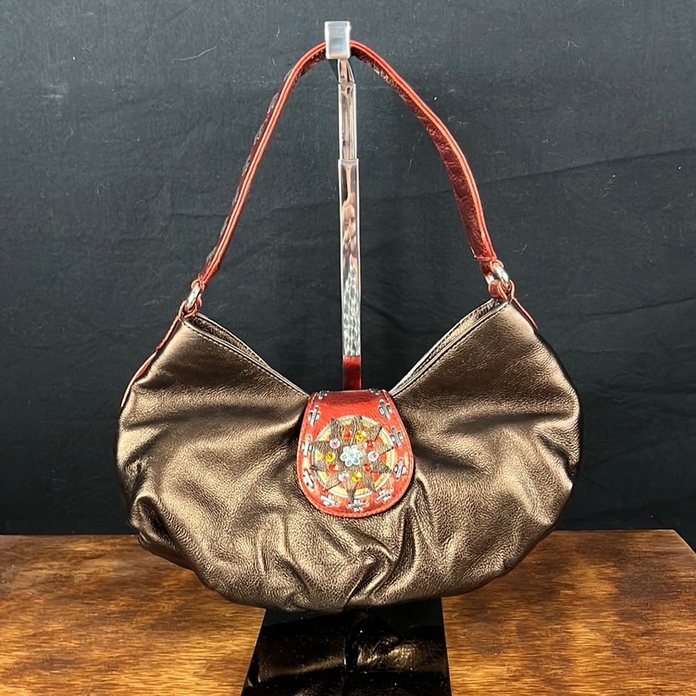 Couture Donald J. Pliner Bronze and Red Metallic Leather Purse w/Flower Closure